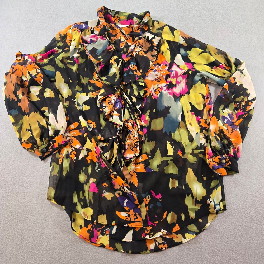 Cabi Blouse Womens Medium Black Floral Ruffle V-Neck Tie Front Top 146